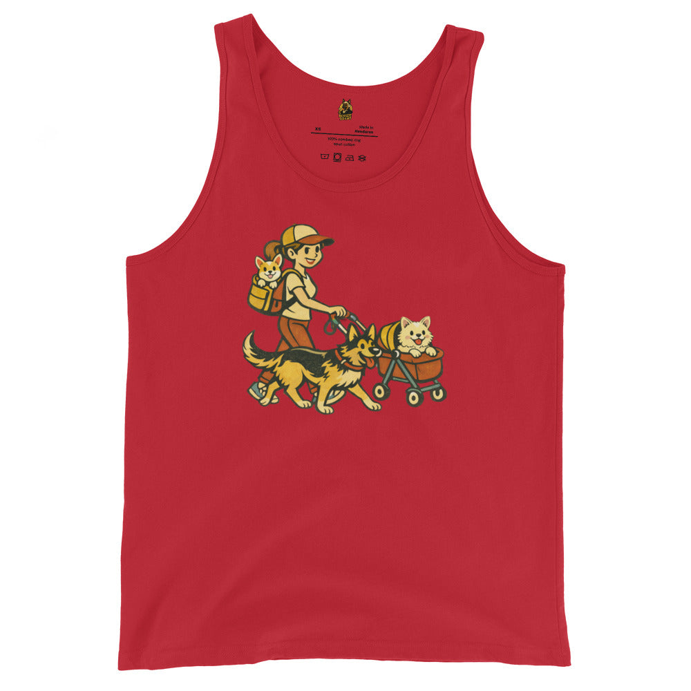 Red unisex tank top with a graphic of a mom pushing a dog stroller and walking dogs – Boozie Adams