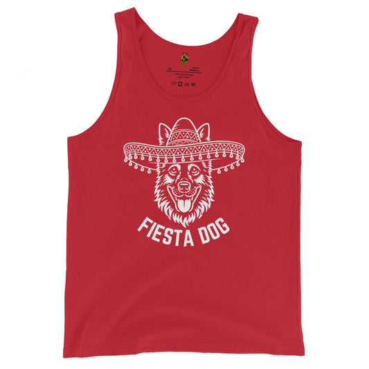 Red unisex tank top with a white dog wearing a sombrero and 'Fiesta Dog' text – Boozie Adams