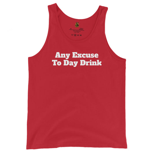 Red unisex tank top with white text 'Any Excuse To Day Drink'– Boozie Adams