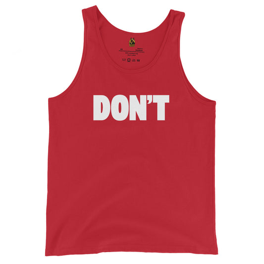 Red unisex tank top with 'DON'T' text - Boozie Adams
