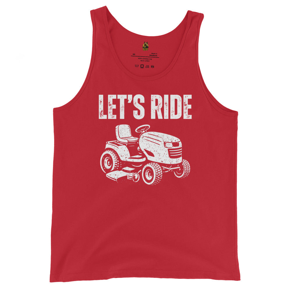 Red unisex tank top with white graphic of a lawn mower and 'Let's Ride' text – Boozie Adams