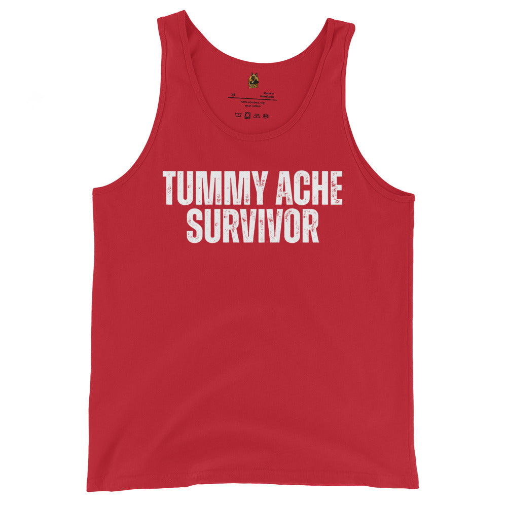 Red unisex tank top with 'TUMMY ACHE SURVIVOR' text – Boozie Adams