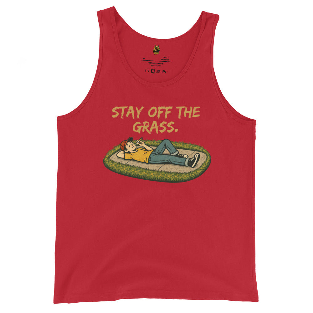 Red unisex tank top with a graphic of a person lying on the sidewalk smoking a joint and 'Stay Off The Grass' text – Boozie Adams