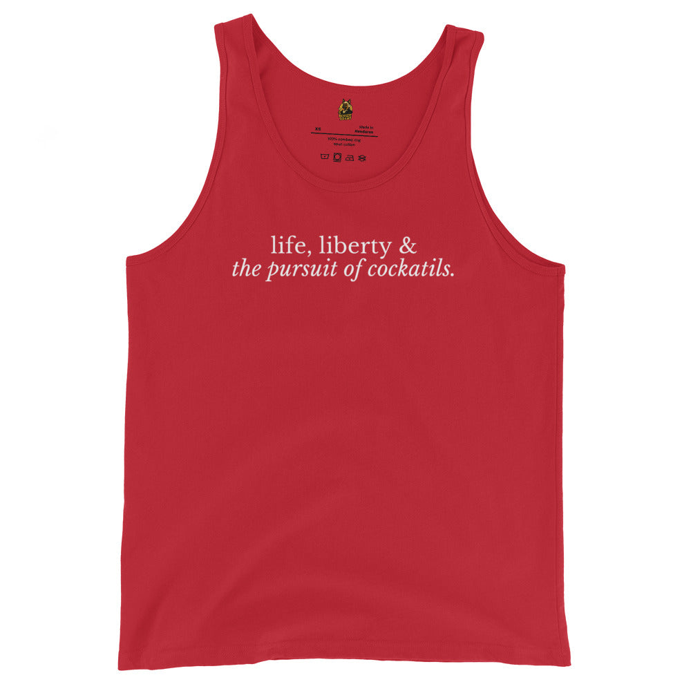 Red unisex tank top with 'life, liberty & the pursuit of cocktails' text – Boozie Adams