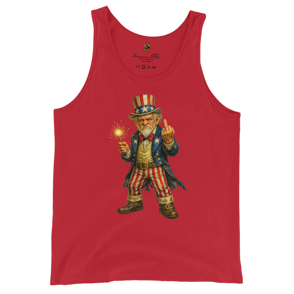 Red unisex tank top with a graphic of Uncle Sam holding a sparkler and flipping the bird – Boozie Adams