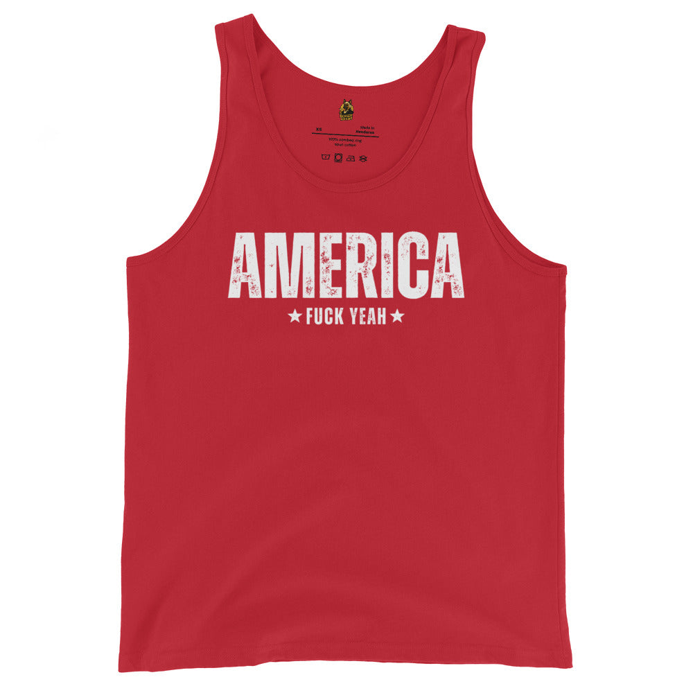 Red unisex tank top with 'AMERICA F*** YEAH' text – Boozie Adams
