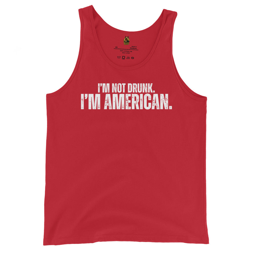 Red unisex tank top with white text 'I'm not drunk. I'm American.' – Boozie Adams