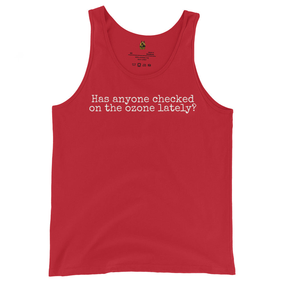 Red tank top with text 'Has anyone checked on the ozone lately' – Boozie Adams