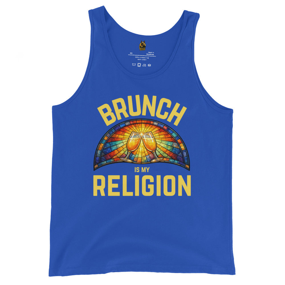Blue unisex tank top with 'Brunch is my Religion' graphic design – Boozie Adams