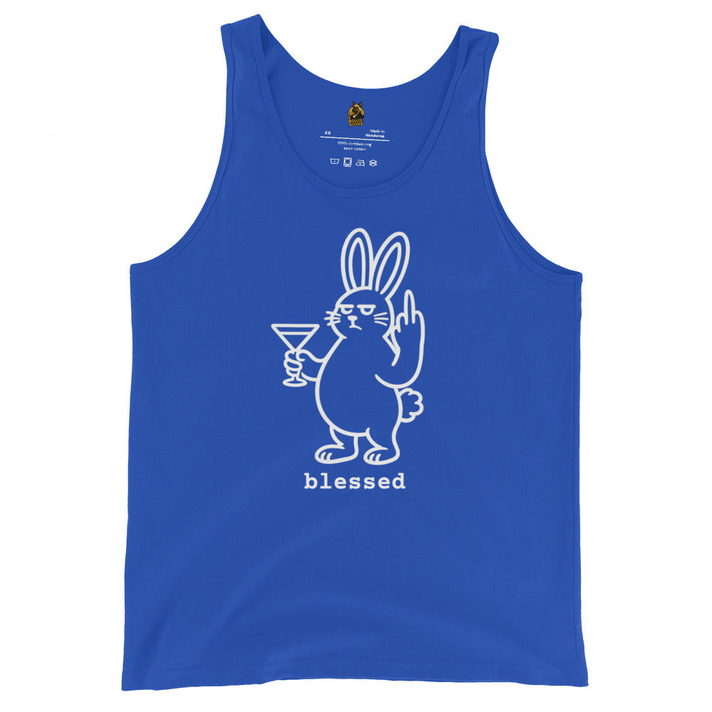 Blue unisex tank top with a white graphic of a rabbit holding a martini glass while flipping the bird and the word 'blessed' – Boozie Adams