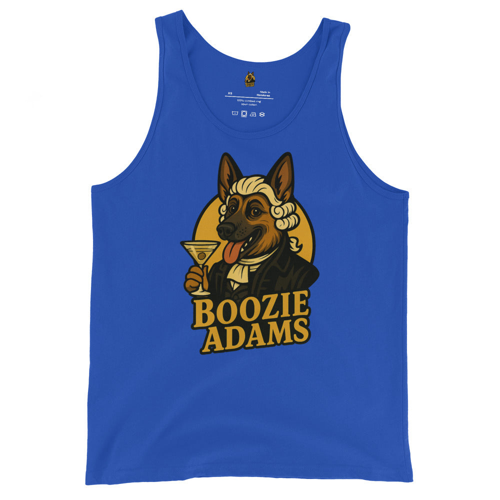 Blue unisex tank top with a graphic of a dog holding a martini glass and the text 'Boozie Adams' – Boozie Adams