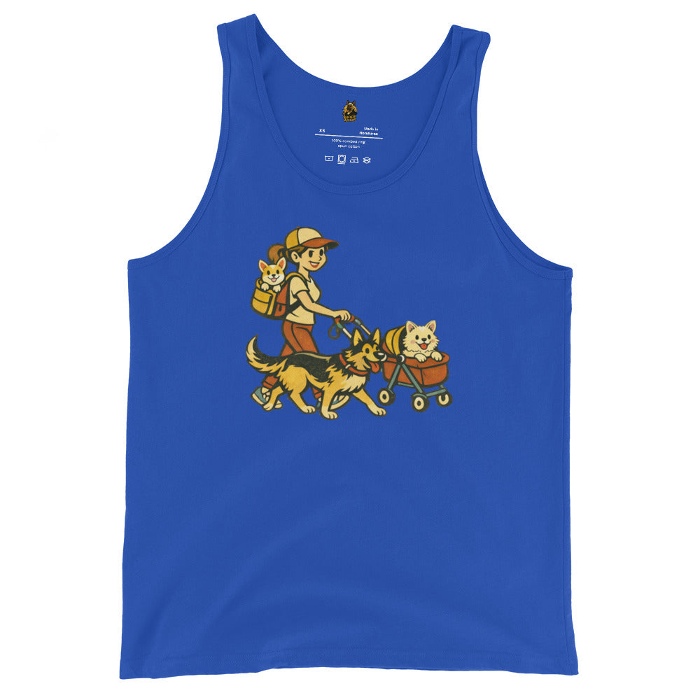 Blue unisex tank top with a graphic of a mom pushing a dog stroller and walking dogs – Boozie Adams