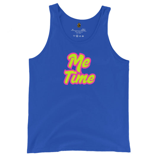 Blue unisex tank top with 'Me Time' text in pink and yellow – Boozie Adams