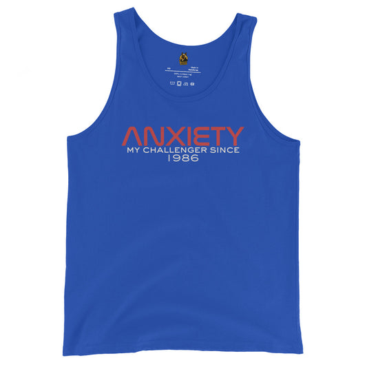 Blue unisex tank top with red and white text 'Anxiety My Challenger Since 1986' – Boozie Adams