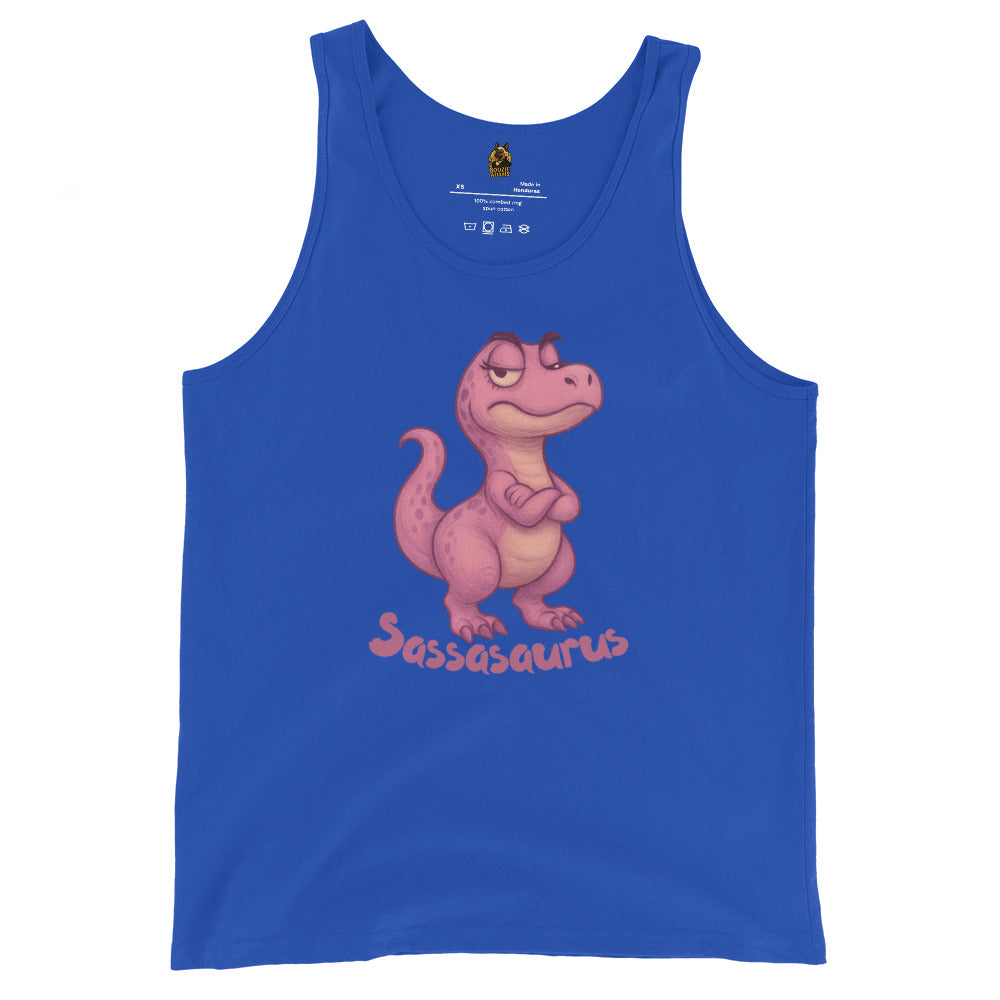 Blue unisex tank top with a pink dinosaur graphic and 'Sasasaurus' text – Boozie Adams