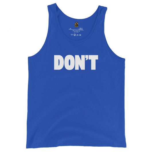 Blue unisex tank top with 'DON'T' text - Boozie Adams