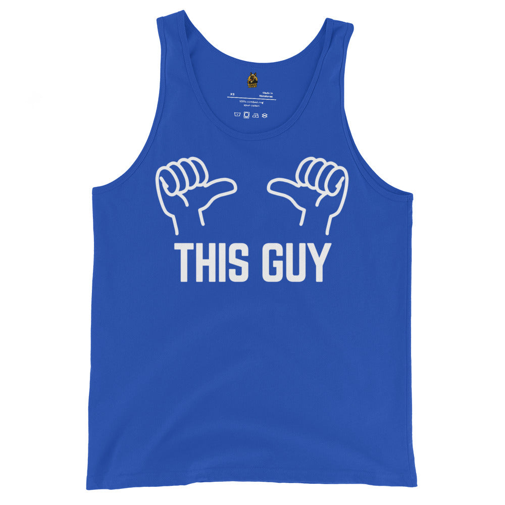 Blue unisex tank top with white thumb graphic and 'This Guy' text – Boozie Adams