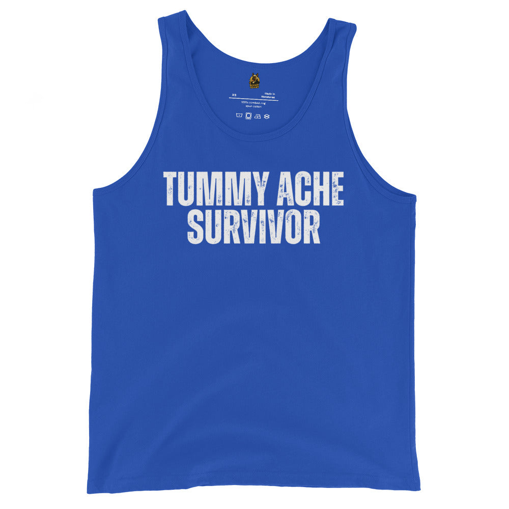 Blue unisex tank top with 'TUMMY ACHE SURVIVOR' text – Boozie Adams