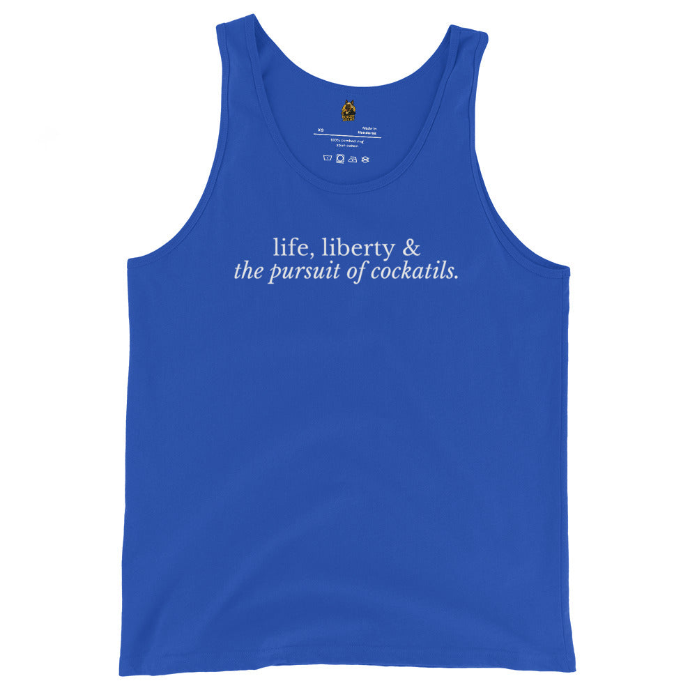 Blue unisex tank top with 'life, liberty & the pursuit of cocktails' text – Boozie Adams