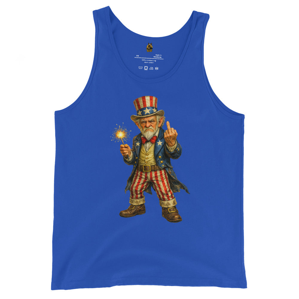 Blue unisex tank top with a graphic of Uncle Sam holding a sparkler and flipping the bird – Boozie Adams