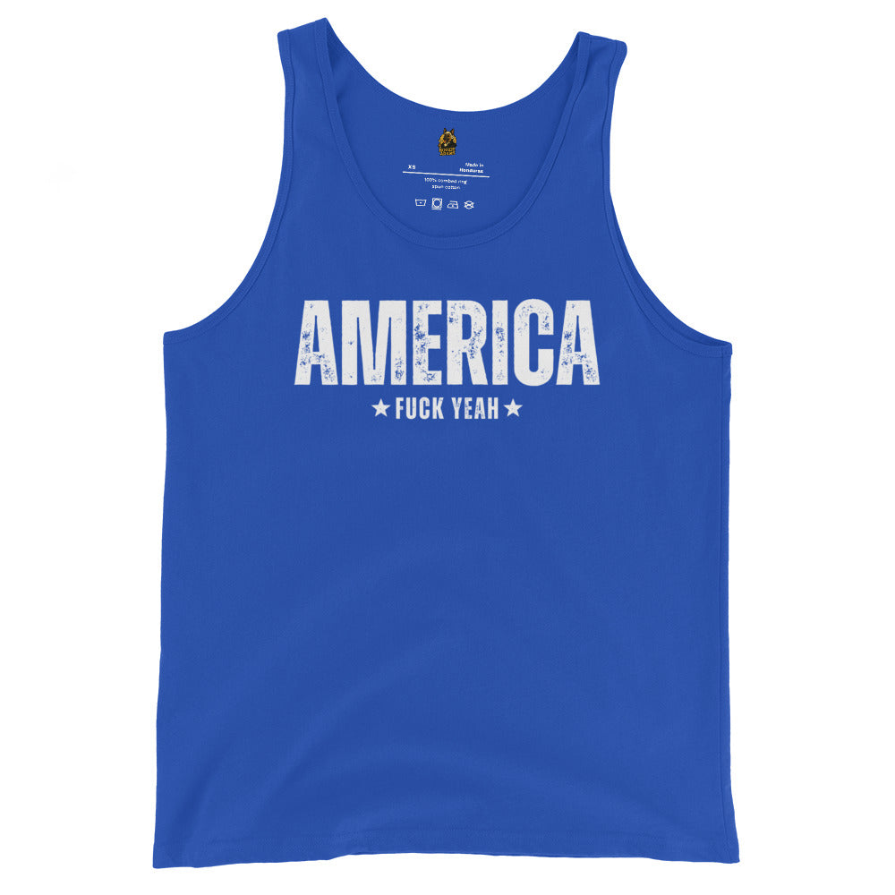 Blue unisex tank top with 'AMERICA F*** YEAH' text – Boozie Adams