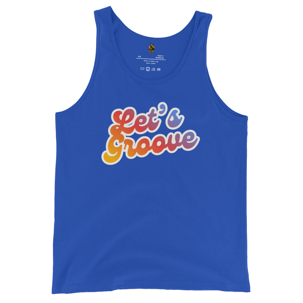 Blue unisex tank top with 'Let's Groove' text in colorful letters – Boozie Adams