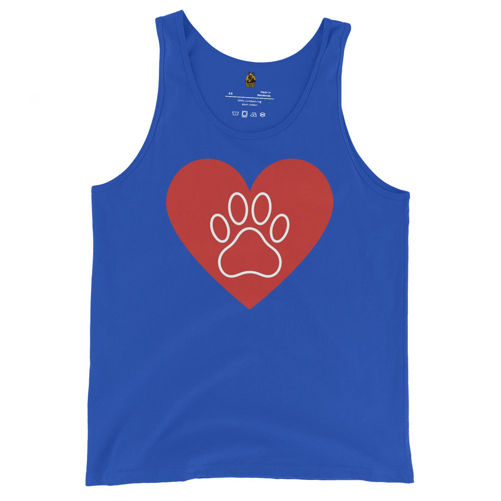 Blue unisex tank top with a red heart and white paw print design  – Boozie Adams
