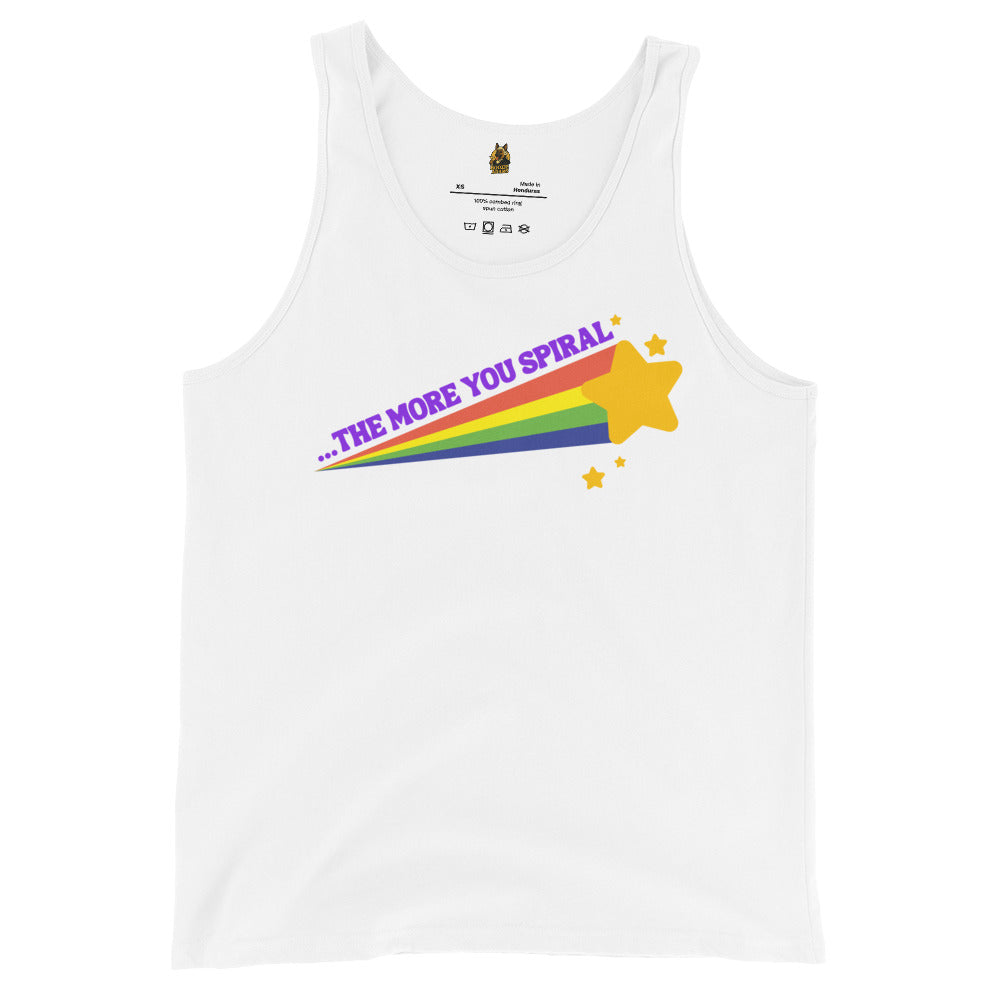 White unisex tank top with rainbow graphic and 'The More You Spiral' Text - Boozie Adams