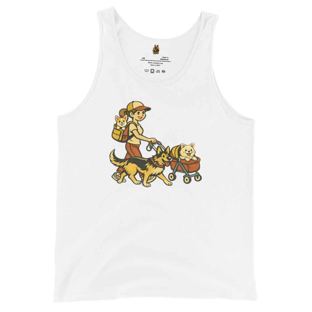 White unisex tank top with a graphic of a mom pushing a dog stroller and walking dogs – Boozie Adams
