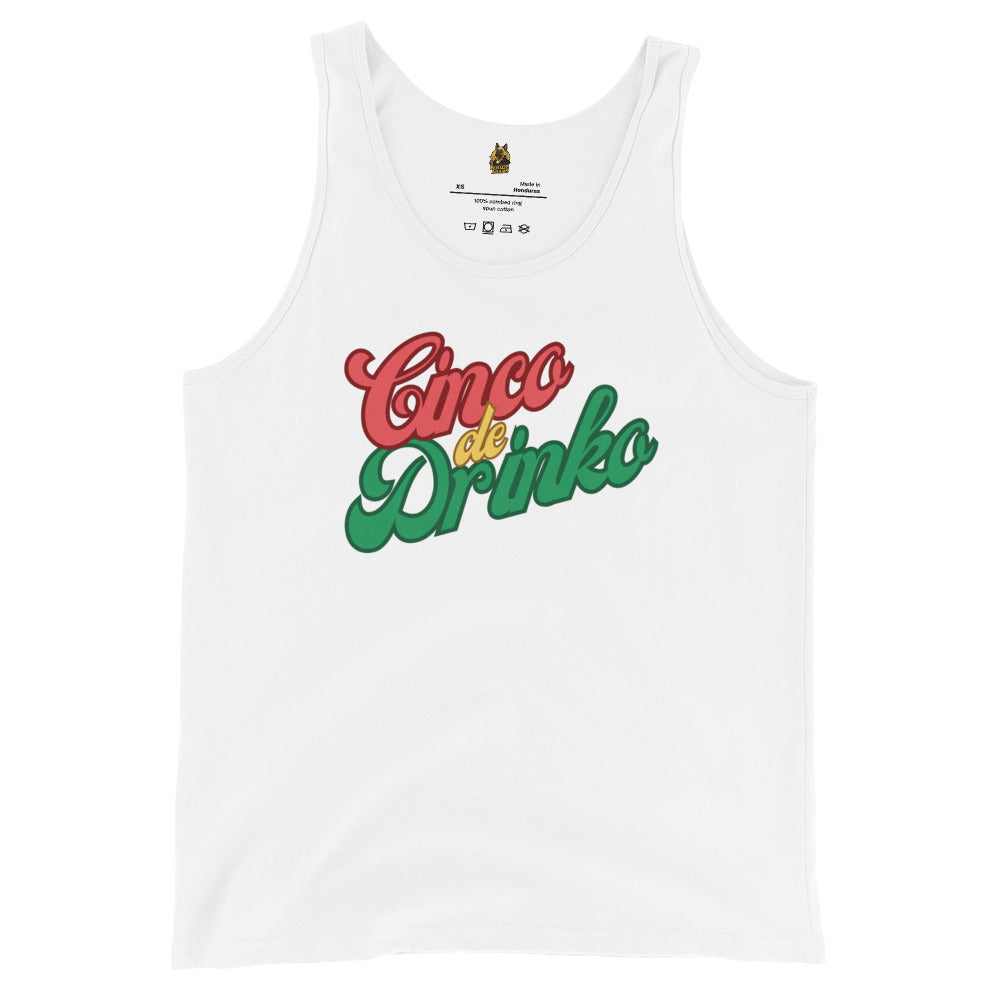 White unisex tank top with 'Cinco de Drinko' text in red and green – Boozie Adams