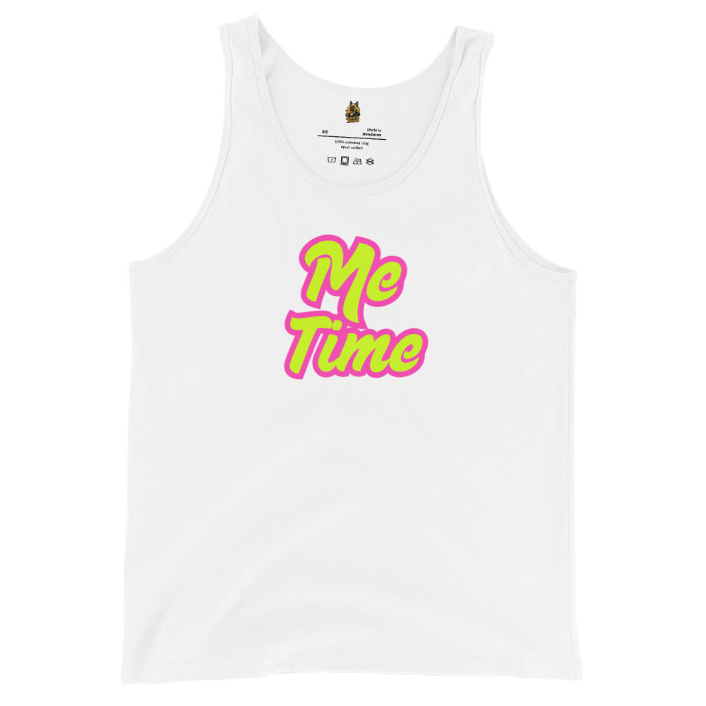White unisex tank top with 'Me Time' text in pink and yellow – Boozie Adams