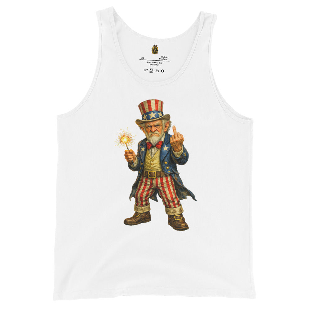 White unisex tank top with a graphic of Uncle Sam holding a sparkler and flipping the bird – Boozie Adams