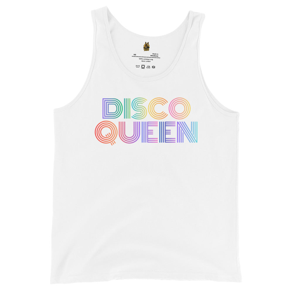 White unisex tank top with 'DISCO QUEEN' in colorful letters – Boozie Adams