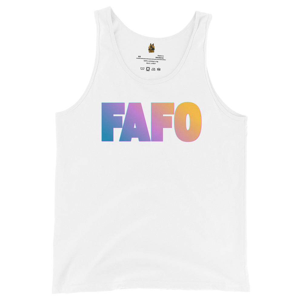 White unisex tank top with colorful 'FAFO' text – Boozie Adams