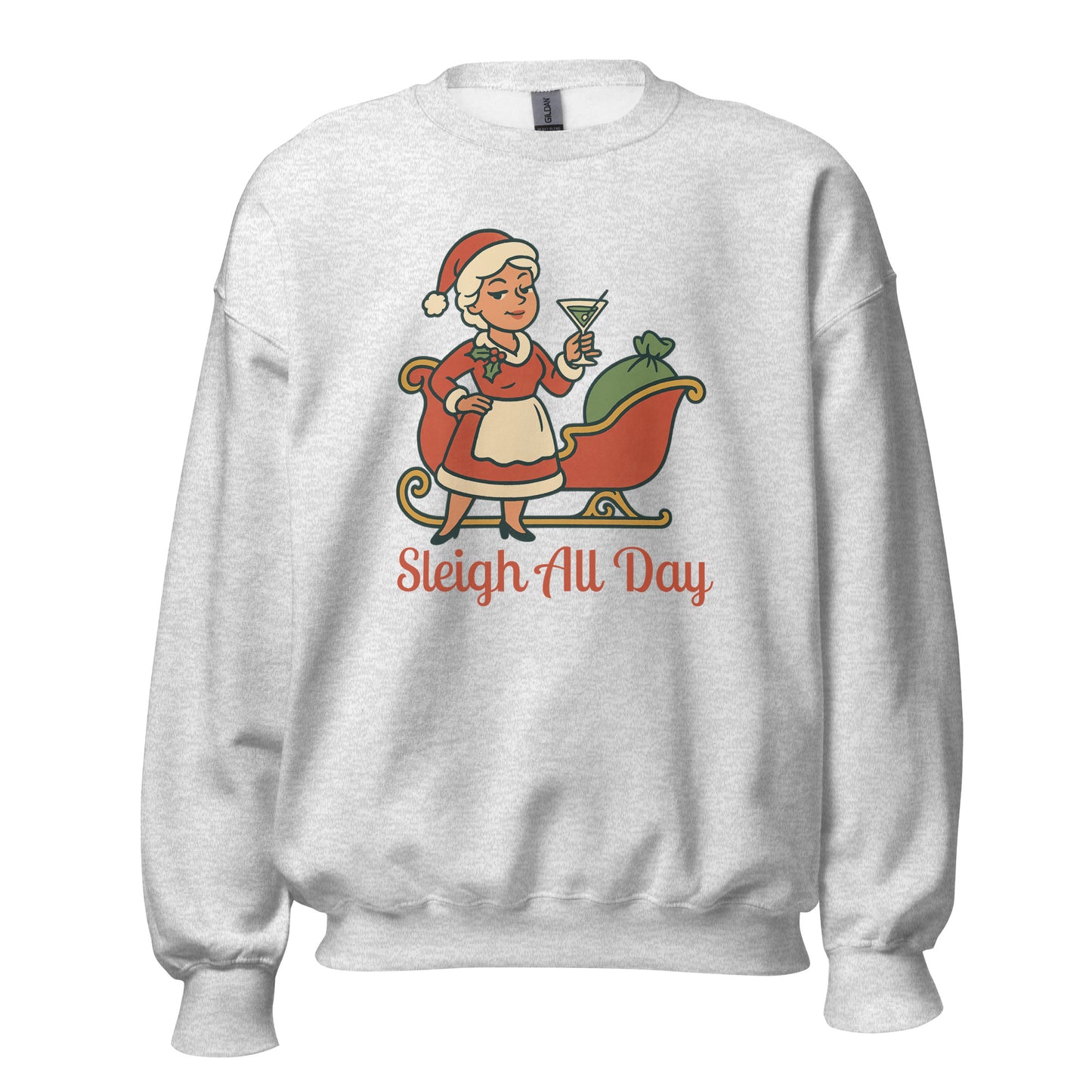 Ash sweatshirt with a Mrs Claus and sleigh graphic and text 'Sleigh All Day' in red – Boozie Adams