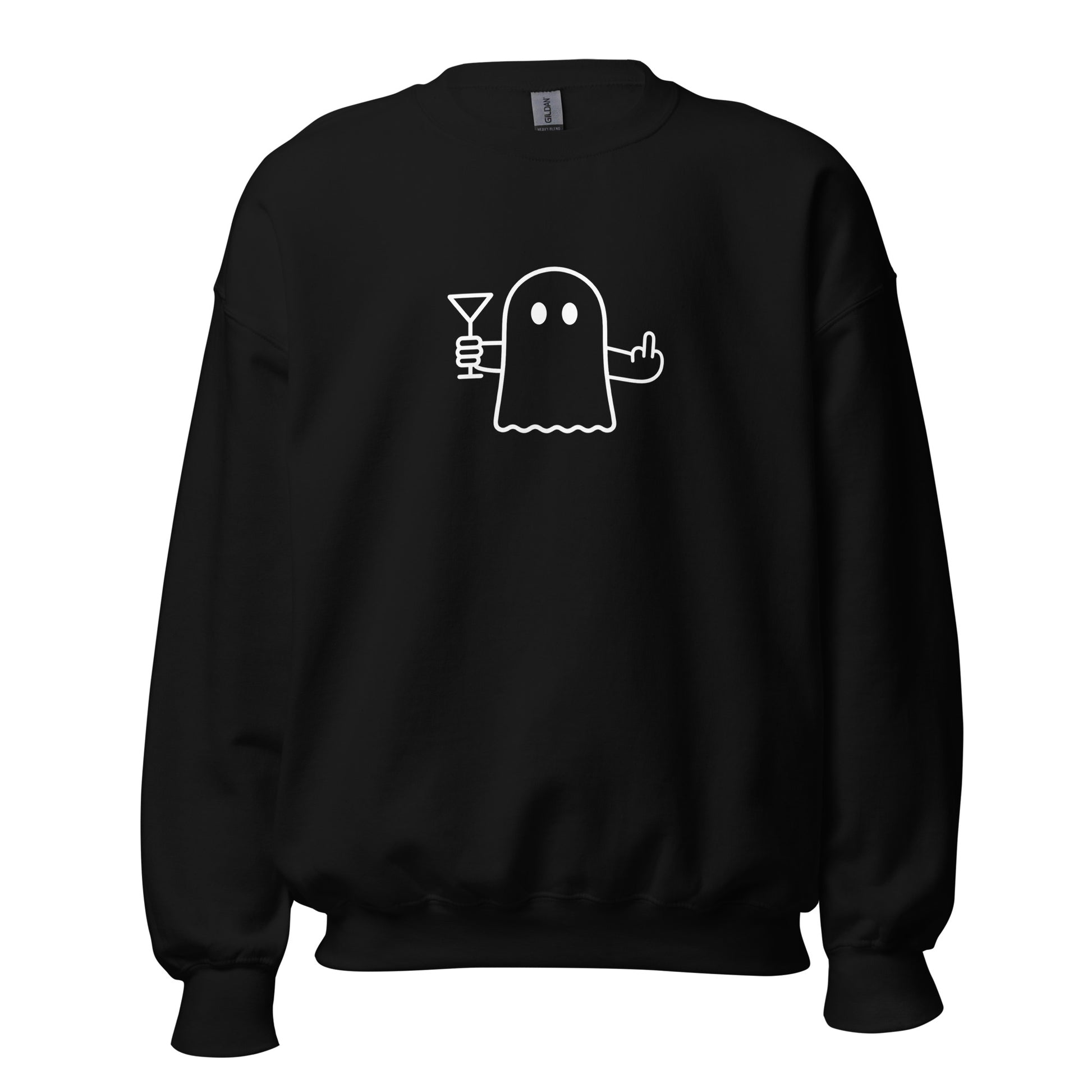Black unisex sweatshirt with a white ghost holding a martini & flipping the bird graphic in white – Boozie Adams