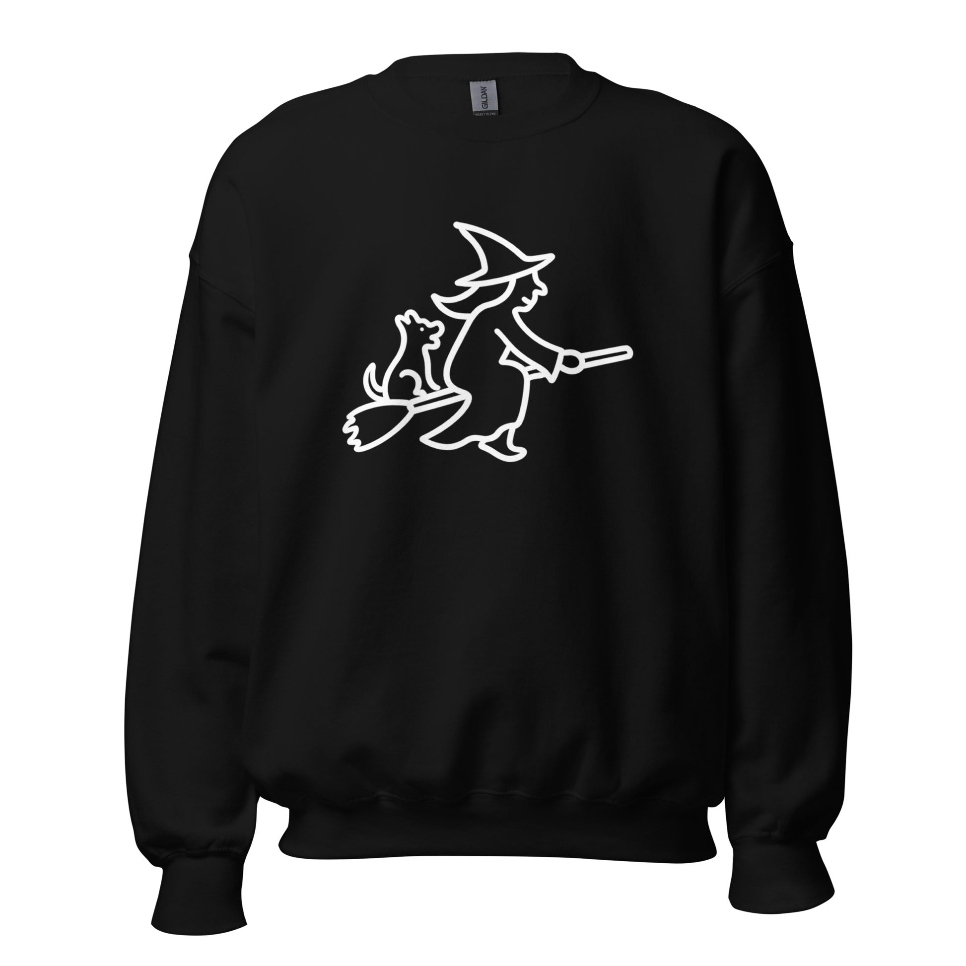 Black unisex sweatshirt with a white witch and dog on a broom graphic – Boozie Adams