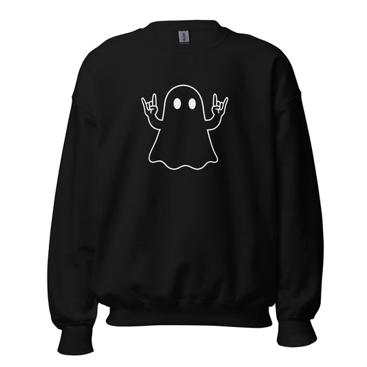 Black unisex sweatshirt with a white ghost design throwing the rock sign with it's hands graphic in white – Boozie Adams