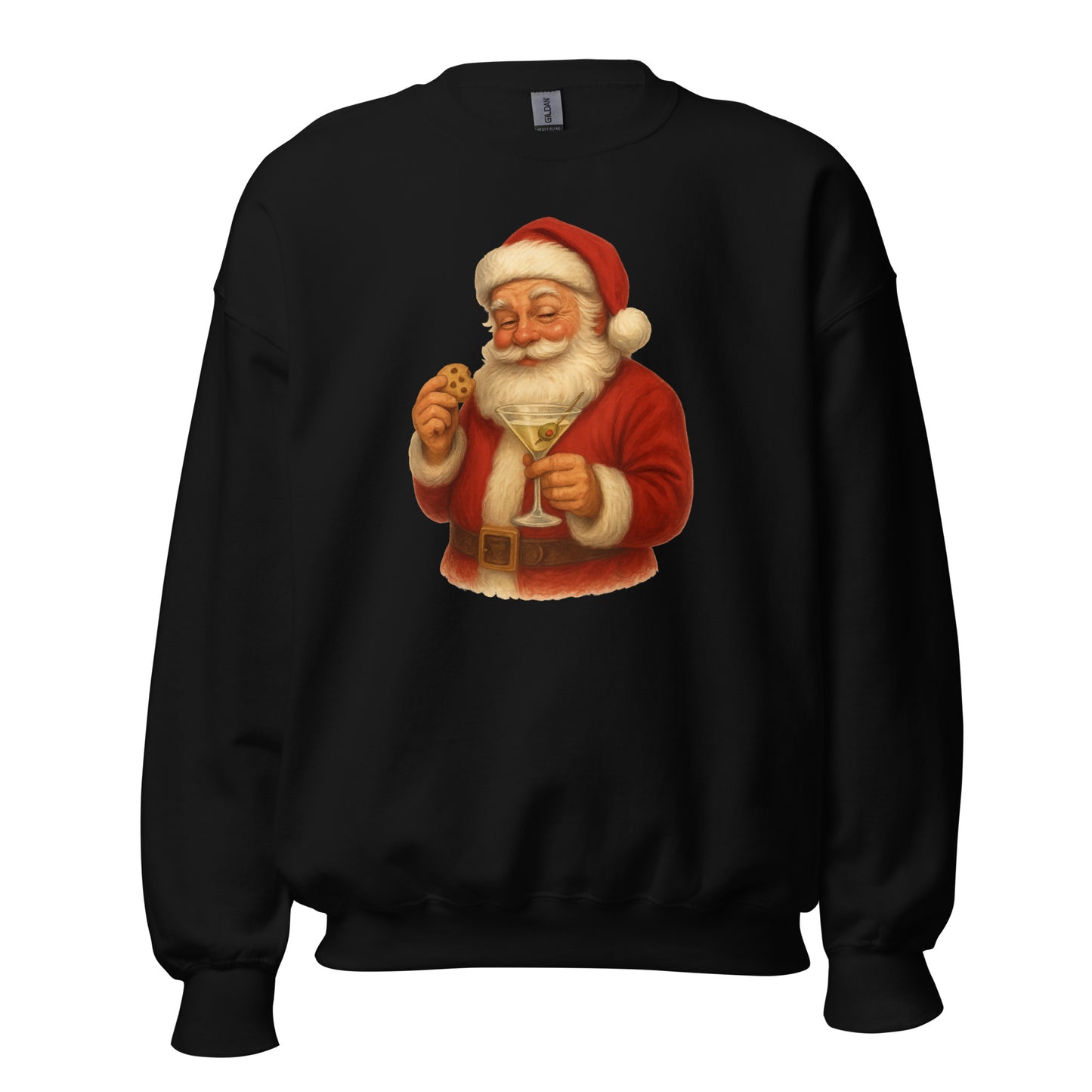 Black sweatshirt with a graphic of Santa Claus holding a martini glass and cookie – Boozie Adams