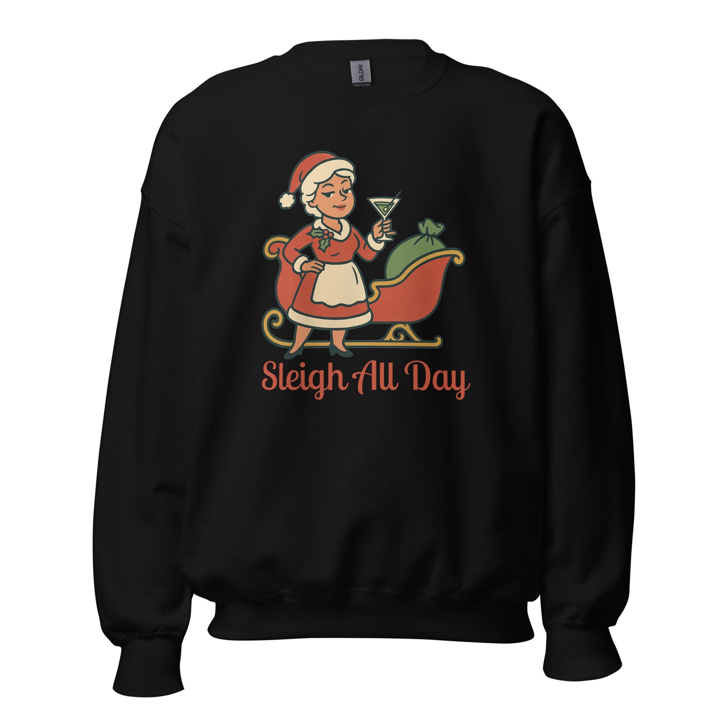 Black sweatshirt with a Mrs Claus and sleigh graphic and text 'Sleigh All Day' in red – Boozie Adams