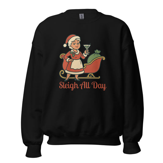 Black sweatshirt with a Mrs Claus and sleigh graphic and text 'Sleigh All Day' in red – Boozie Adams