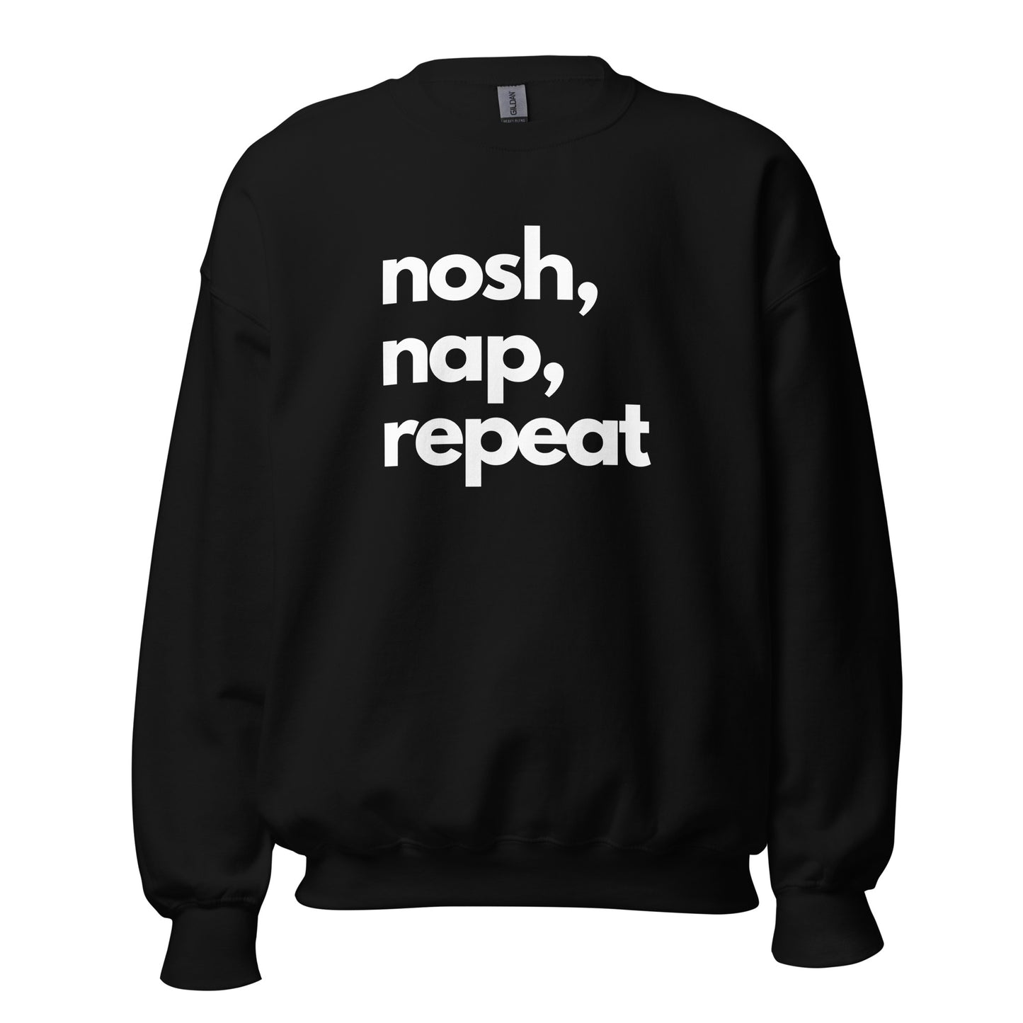 Black sweatshirt with 'nosh, nap, repeat' text in a white – Boozie Adams
