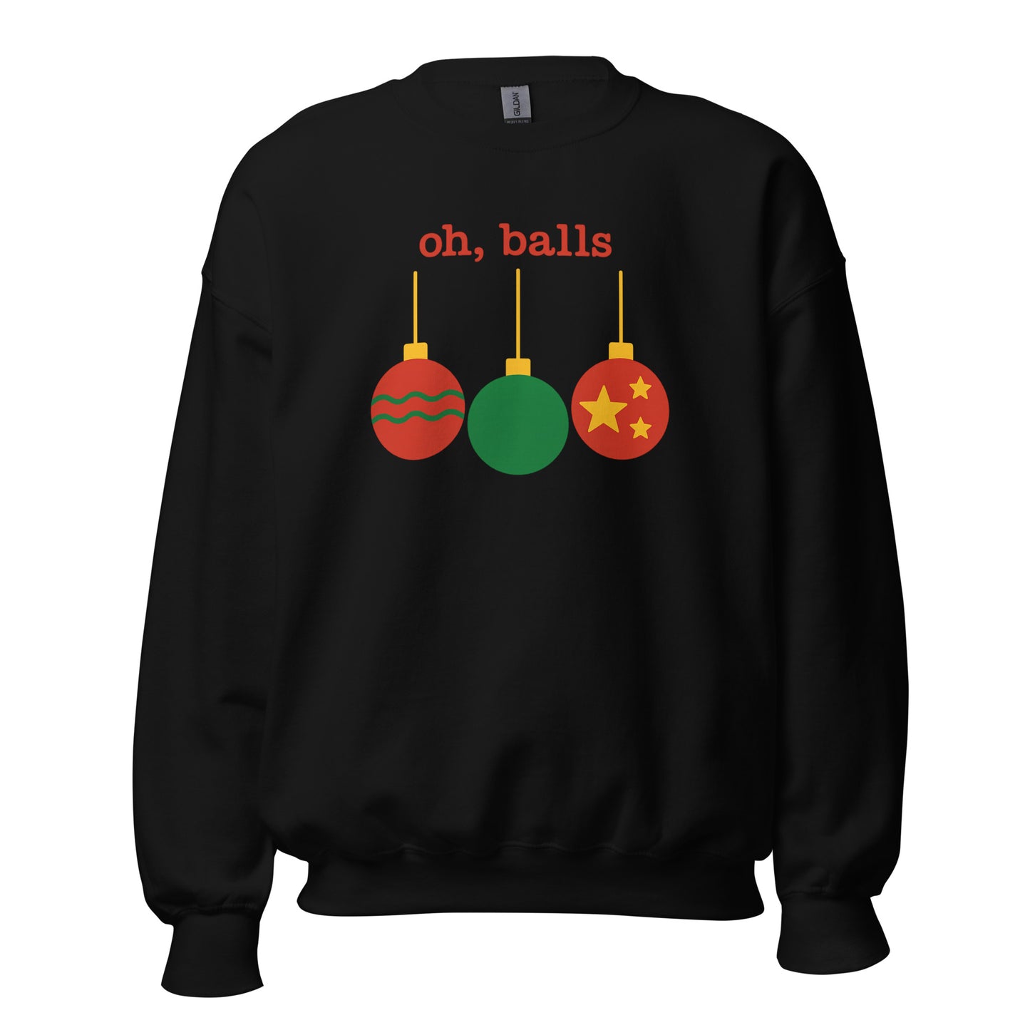 Black sweatshirt with Christmas ornament design and text 'oh, balls' in red – Boozie Adams