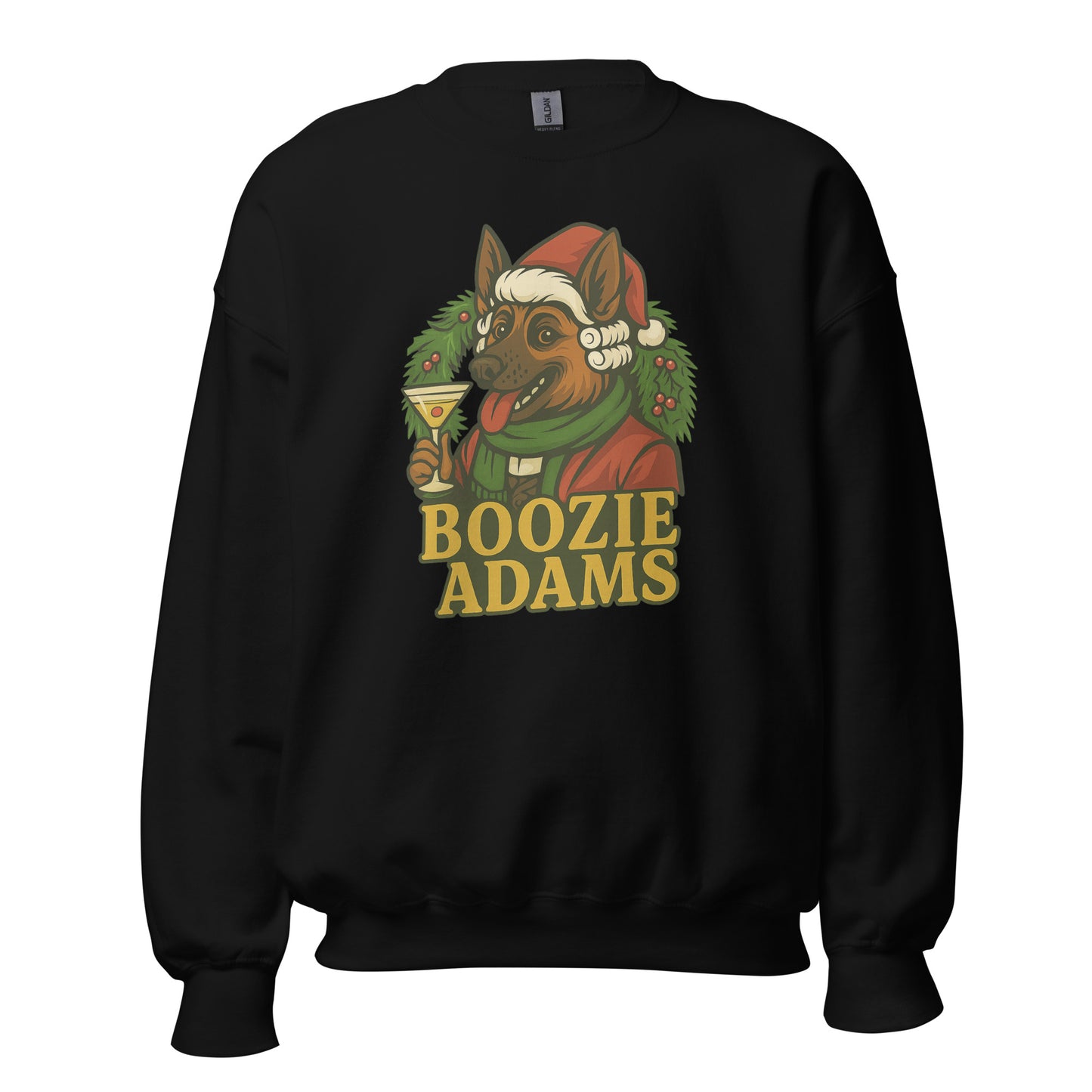 Black sweatshirt with Boozie Adams wearing a Santa hat and 'Boozie Adams' text – Boozie Adams