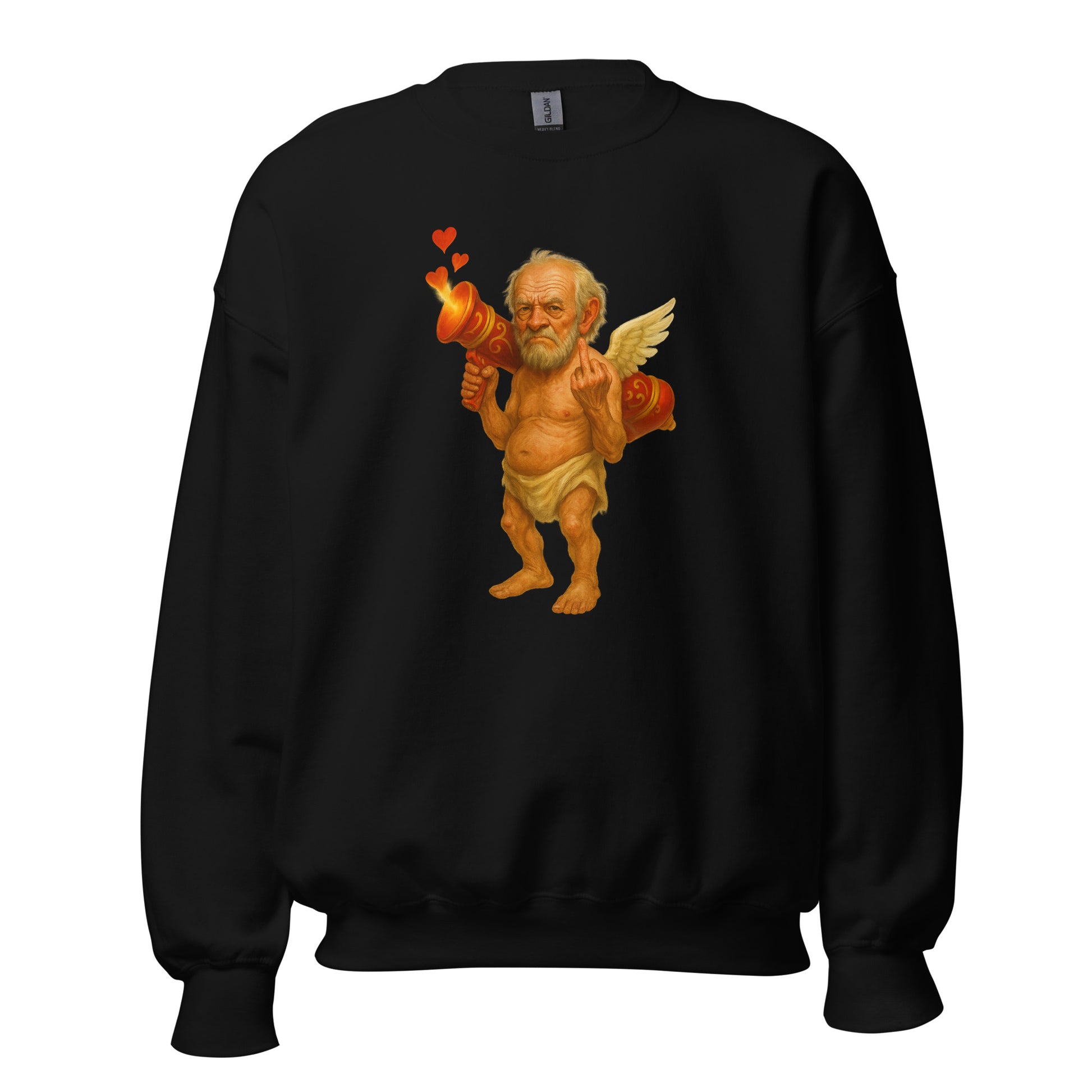 Black unisex sweatshirt with a graphic of cupid flipping the bird – Boozie Adams