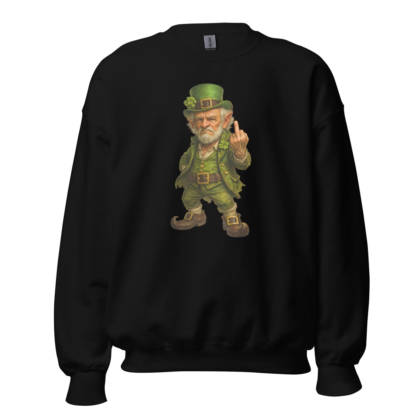 Black unisex sweatshirt with a graphic of a leprechaun giving a middle finger – Boozie Adams