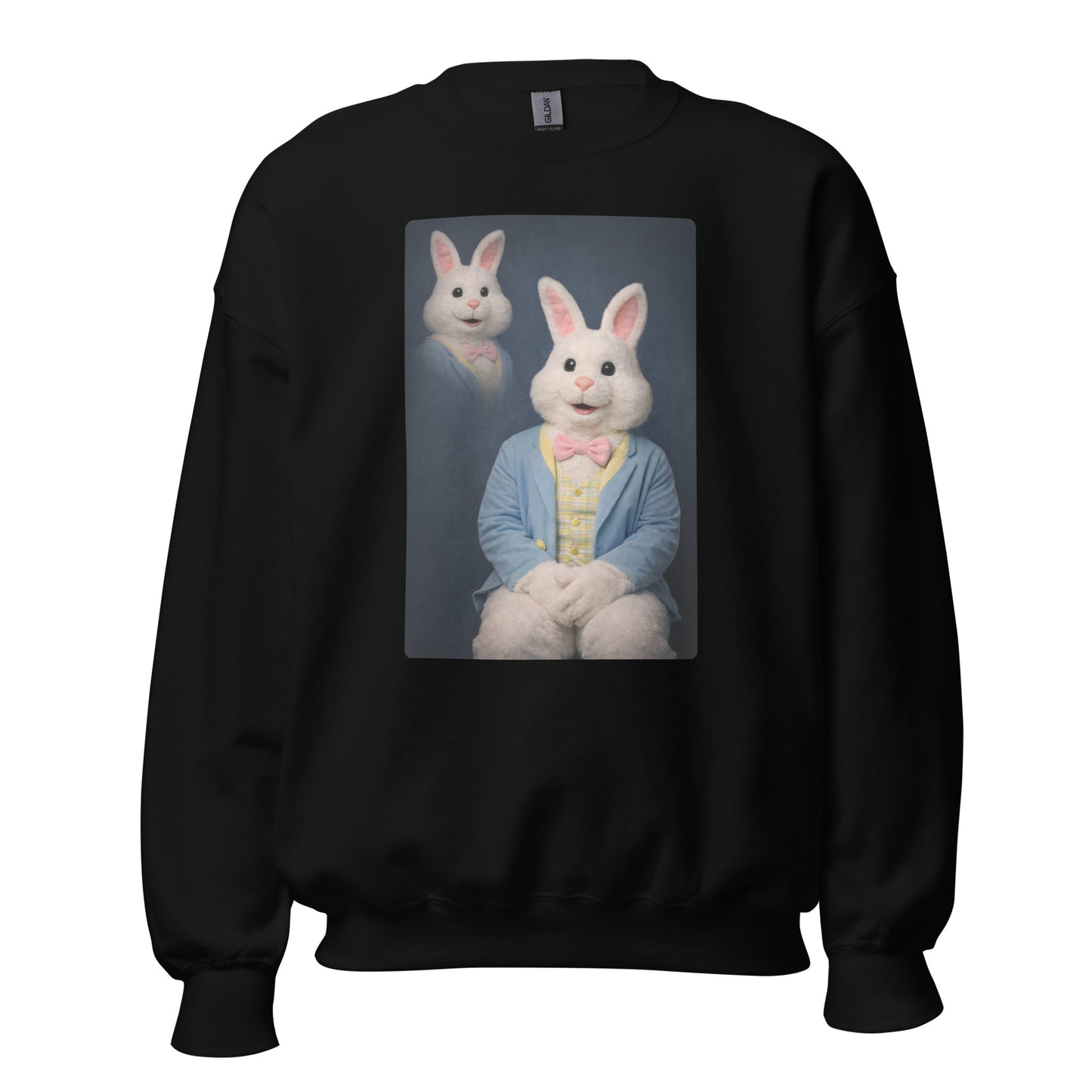 Black unisex sweatshirt with a graphic of a rabbit character and a second bunny head – Boozie Adams