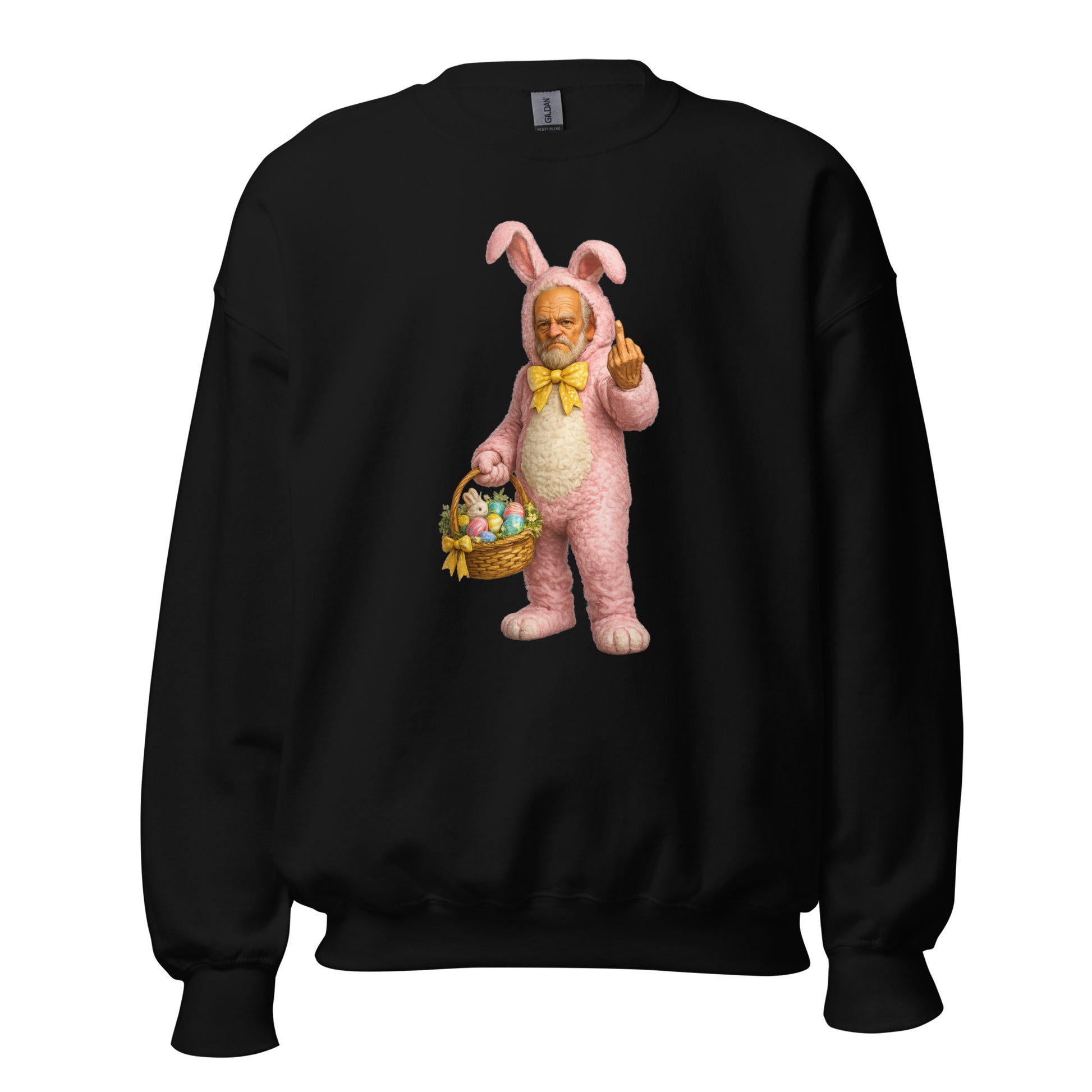 Black unisex sweatshirt with a graphic of a person in a pink bunny costume holding a basket and flipping the bird – Boozie Adams
