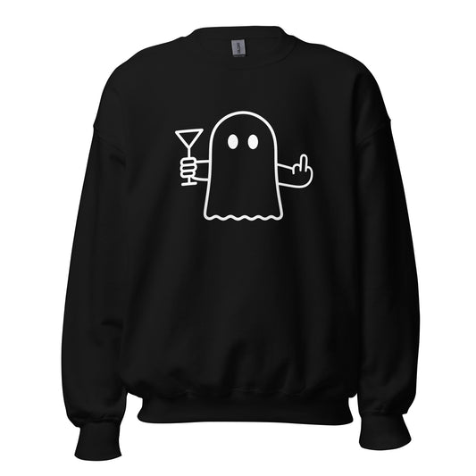 Black unisex sweatshirt with graphic of a ghost holding a martini and flipping the bird – Boozie Adams