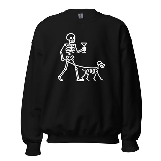Black unisex sweatshirt with graphic of skeleton holding a martini while walking a skeleton dog – Boozie Adams